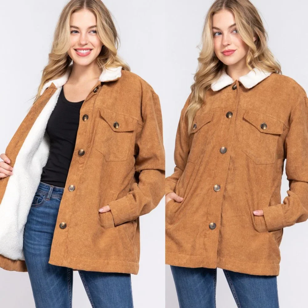 Camel Long Sleeve Inside Faux Fur with Pocket Corduroy Sherpa Jacket NWT - Picture 1 of 7